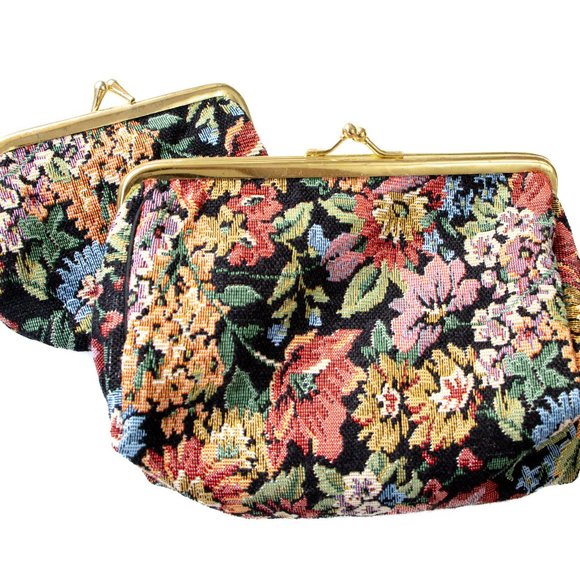 Vintage Floral Tapestry Purse + Makeup Bag w/ Mirror Set 1950s Retro - Picture 2 of 8